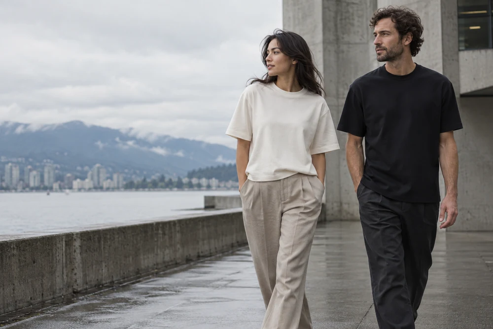 Campaign concept: two fictional adult models walking together in ivory and navy clothing beside the Pacific coast