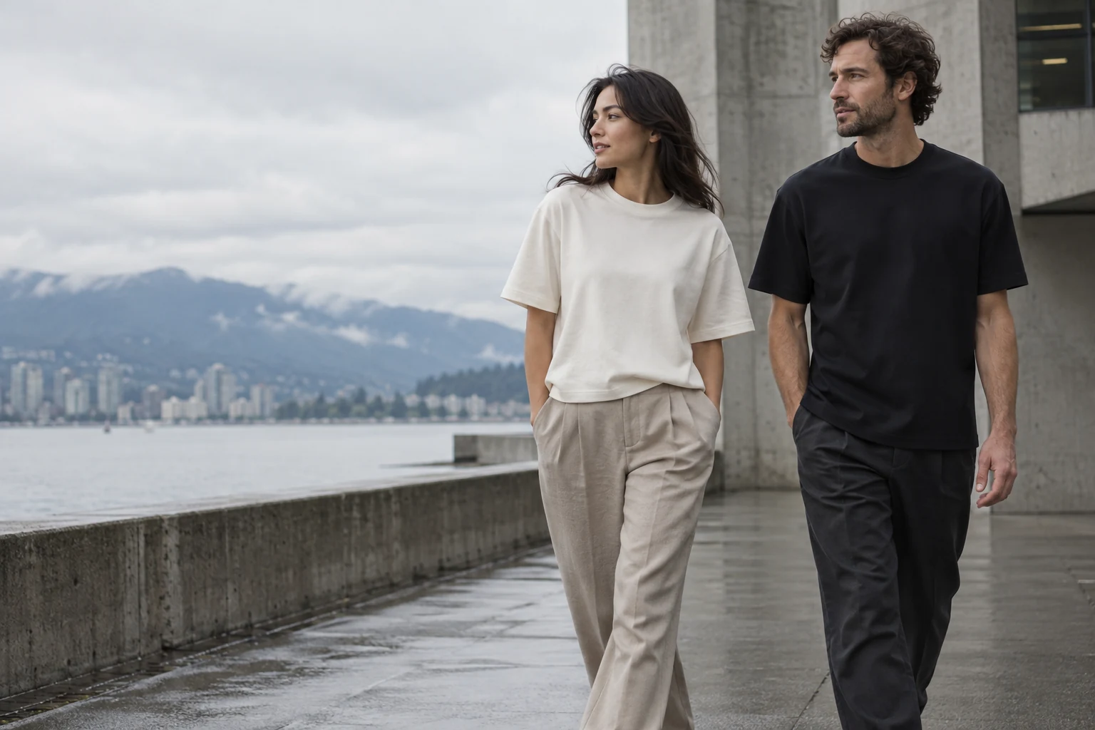Campaign concept: two adults wearing Bone and Ink tees, walking beside coastal concrete architecture
