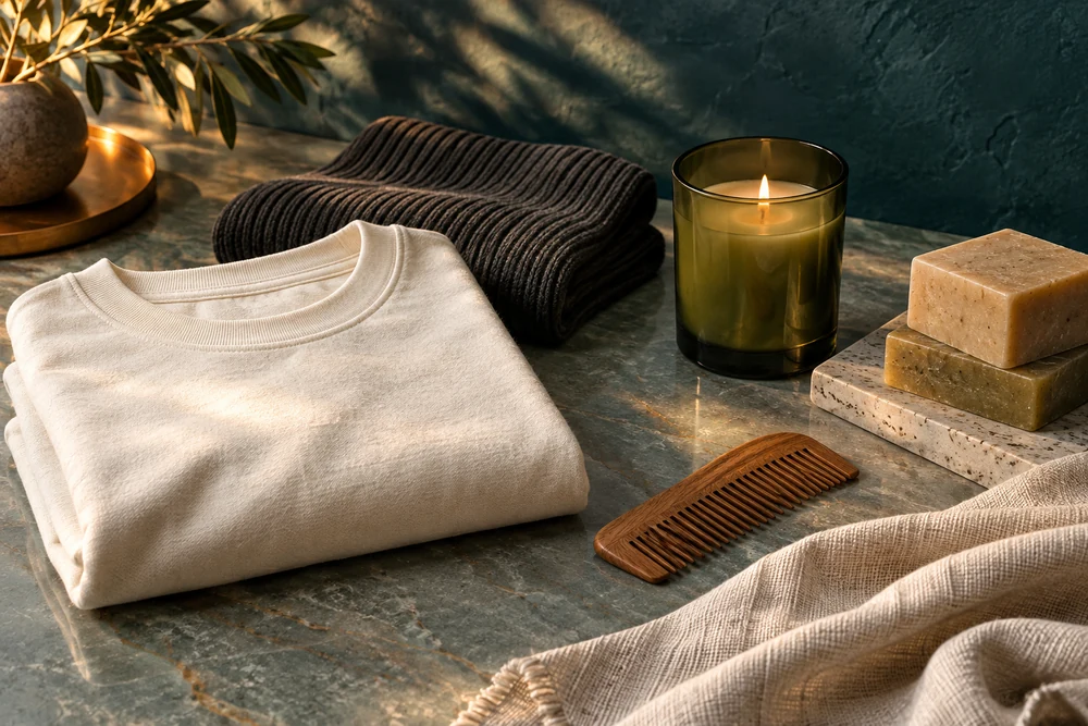 Concept study of clothing, candle, soap and wooden care objects